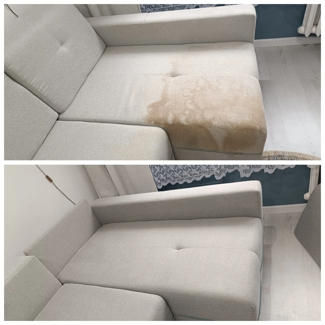 Zbliżenie siedziska narożnika przed i po czyszczeniu - wyraźnie usunięte ciemne zabrudzenia z jasnej tkaniny